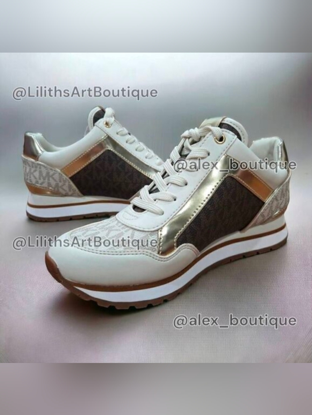 Michael Kors Maddy Vanilla/ Brown Two-Tone Logo Trainer Women's Sneakers 5.5